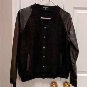 Black/Brown Express L Mixed Media Sherpa and Faux Leather Baseball Jacket
